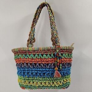 Cappelli Straworld Rainbow Crocheted Boho Natural Straw Shoulder Bag Bead Tassel